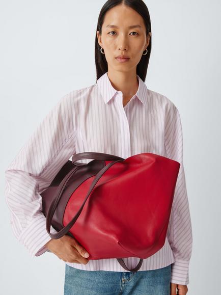 John Lewis Leather Contrast Tote Bag, Red/Burgundy - view 2, Red/Burg