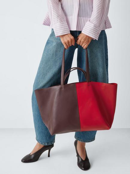 John Lewis Leather Contrast Tote Bag, Red/Burgundy - view 2, Red/Burg