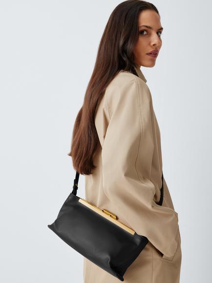 John Lewis Gold Frame Leather Clutch Bag - view 2, Black