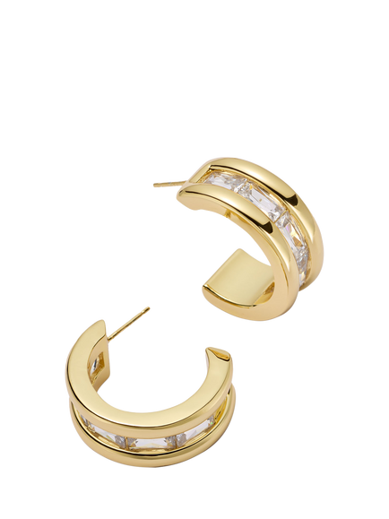 Daisy x Polly Newman Triple Ridge Crystal Hoop Earrings, Gold, Gold