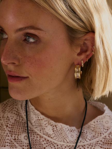 Daisy x Polly Newman Triple Ridge Crystal Hoop Earrings, Gold - view 2, Gold
