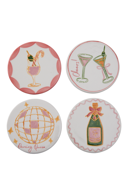Wednesday Tea Collective Party Stoneware Coasters, Set of 4, Multi