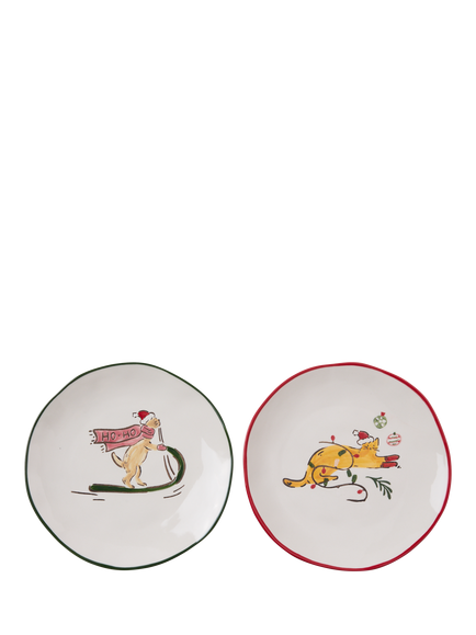 Wednesday Tea Collective Christmas Cat Stoneware Plates, Set of 2, 19cm, Multi