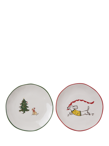 Wednesday Tea Collective Christmas Dog Stoneware Plates, Set of 2, 19cm, Multi