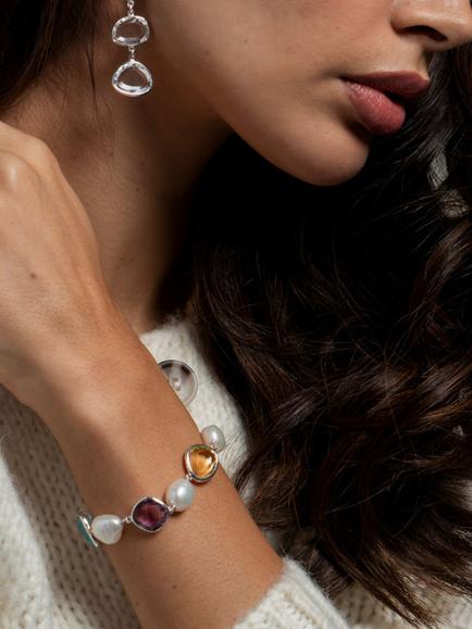 Dower & Hall Multi Pearl and Gemstone Pebble Bracelet, Silver/Multi - view 2, Silver/Multi