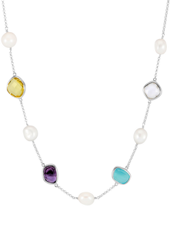Dower & Hall Pearl and Gemstone Pebble Chain Necklace, Silver - view 2, Silver