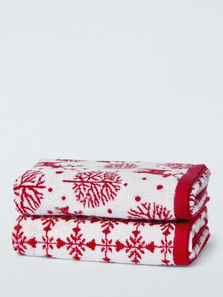 John Lewis Christmas Snowflake and Reindeer Hand Towels, Set of 2, Red, Red
