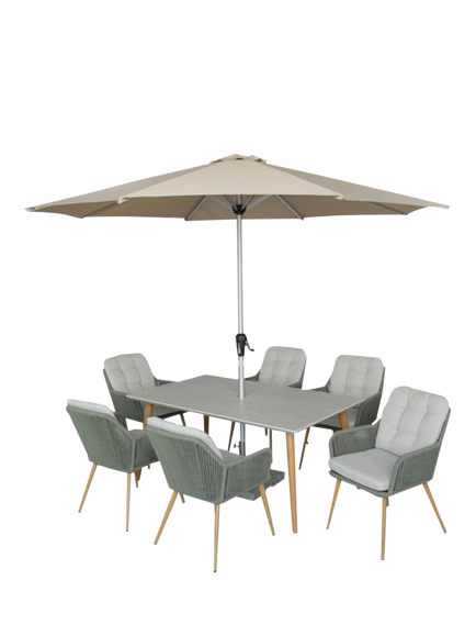 Bramblecrest Como 6-Seater Rectangular Garden Dining Table & Chairs Set with Parasol & Base, Fern Green, Fern Green