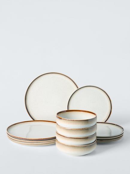 John Lewis Ember Reactive Glaze Speckle Stoneware Dinnerware Set, 12 Piece, White, White