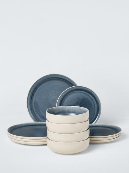 John Lewis Tide Reactive Glaze Stoneware Dinnerware Set, 12 Piece, Blue, Blue