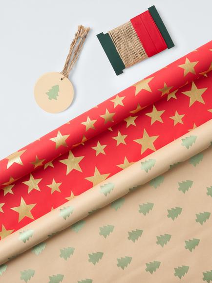 John Lewis 3m Christmas Tree and Star Wrapping Paper Kit with Ribbons and Tags, 3m, Set of 2, Multi, Multi Colour