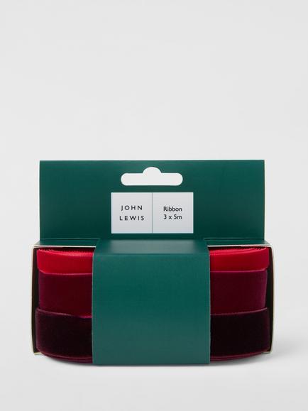 John Lewis 5m Velvet Gift Ribbon, Pack of 3, Multi, Multi Colour
