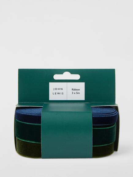 John Lewis 5m Velvet Gift Ribbon, Pack of 3, Multi, Multi Colour