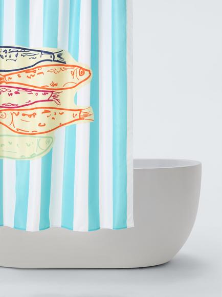 John Lewis Fish Stripe Recycled Polyester Shower Curtain, Multi, Blue