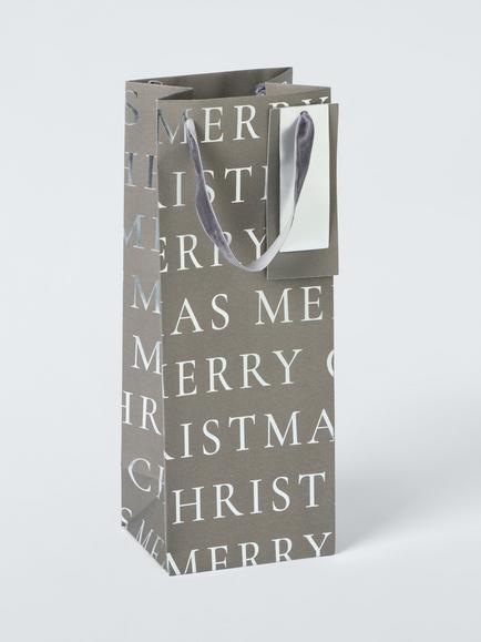 John Lewis Merry Christmas Bottle Bag, Grey, Grey