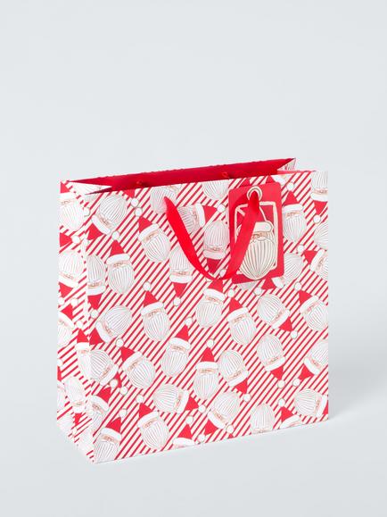 John Lewis Bright Santa Heads Shopper Gift Bag, Red Stripe, Red Stripe