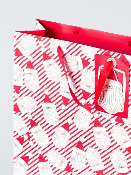John Lewis Bright Santa Heads Shopper Gift Bag, Red Stripe - view 2, Red Stripe