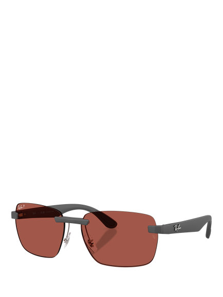 Ray-Ban RB4470CH Men's Polarised Ultra Rectangular Sunglasses, Sand Grey/Red, Sand Grey/Red