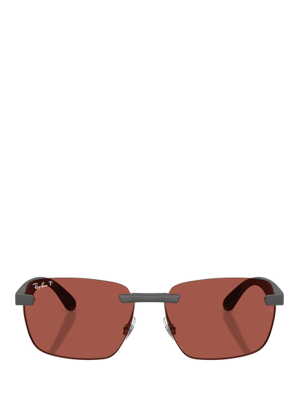 Ray-Ban RB4470CH Men's Polarised Ultra Rectangular Sunglasses, Sand Grey/Red - view 2, Sand Grey/Red