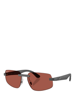 Ray-Ban RB4475CH Men's Ultra Polarised Rectangular Sunglasses, Sand Grey/Red