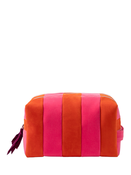 Caroline Gardner Velvet Stripe Double Zip Travel Washbag, Orange/Pink, Orange/Pink