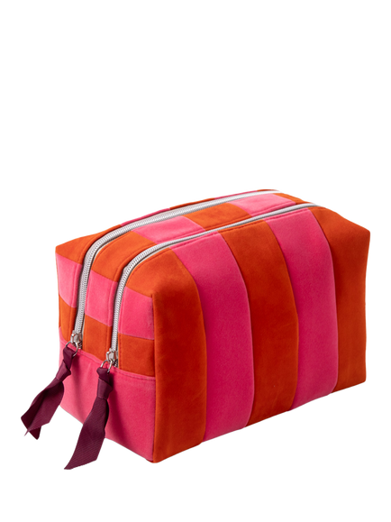 Caroline Gardner Velvet Stripe Double Zip Travel Washbag, Orange/Pink - view 2, Orange/Pink