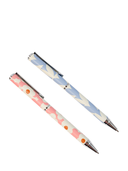 Caroline Gardner Flowers/Hearts Pens, Set of 2, Pink/Blue, Pink/Blue