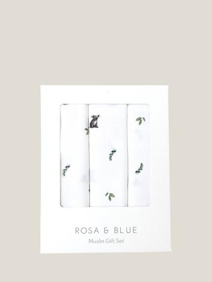 Rosa & Blue Baby Koala Print Muslin Squares, Pack of 3, White, White