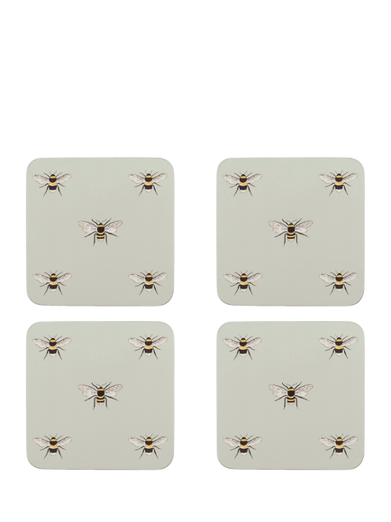 Sophie Allport Bees Cork-Backed Coasters Set of 4, Pale Green, Multi