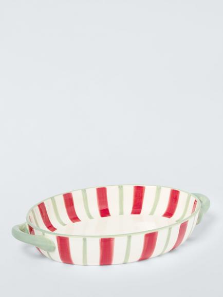 John Lewis Striped Oval Stoneware Roaster, 30cm, Red/White, Multi