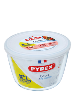 Pyrex Cook & Freeze Glass Storage Bowl, 1.6L, Clear, Clear