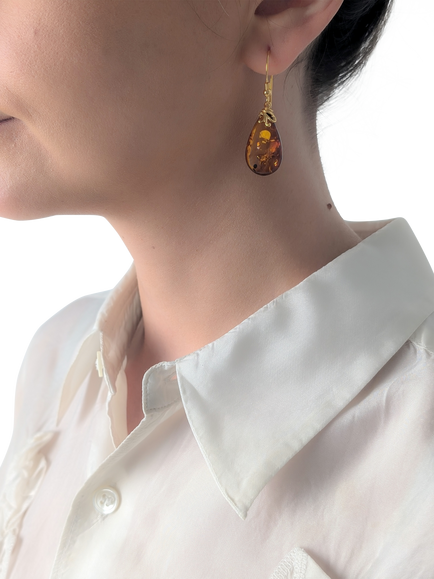 Be-Jewelled Baltic Amber Drop Earrings, Gold/Cognac - view 2, Gold/Cognac