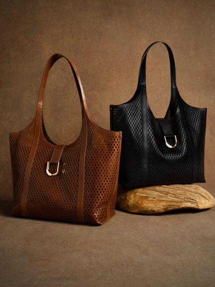 Mint Velvet Laser Cut Pure Leather Tote Bag, Brown Tan - view 2, Brown Tan