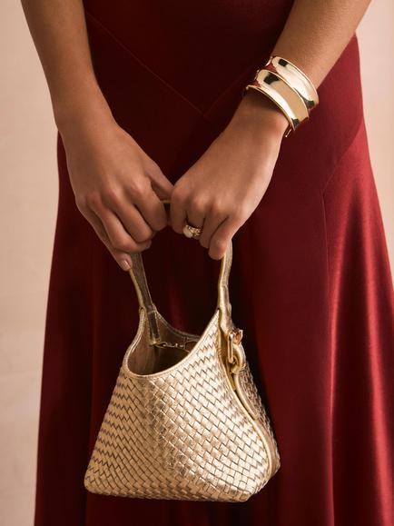 Mint Velvet Woven Leather Bucket Bag, Gold Gold - view 2, Gold Gold