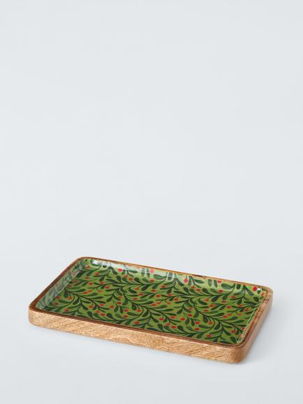 John Lewis Berry Rectangular Mango Wood Platter, 34cm, Green/Natural, Natural Printed
