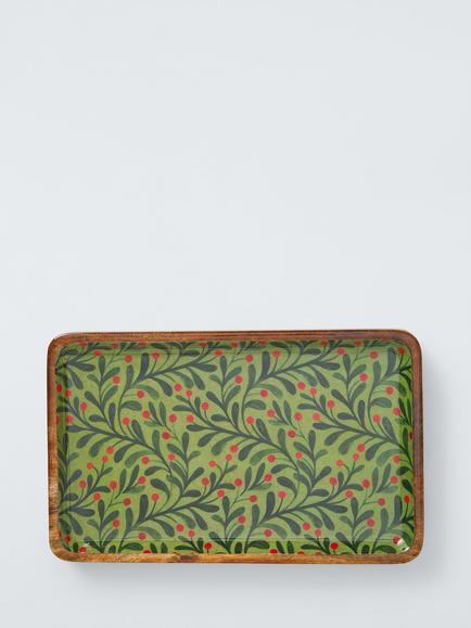 John Lewis Berry Rectangular Mango Wood Platter, 34cm, Green/Natural - view 2, Natural Printed