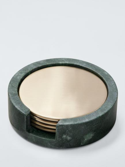 John Lewis Brass Coasters & Green Marble Holder, Set of 4, Green/Brass