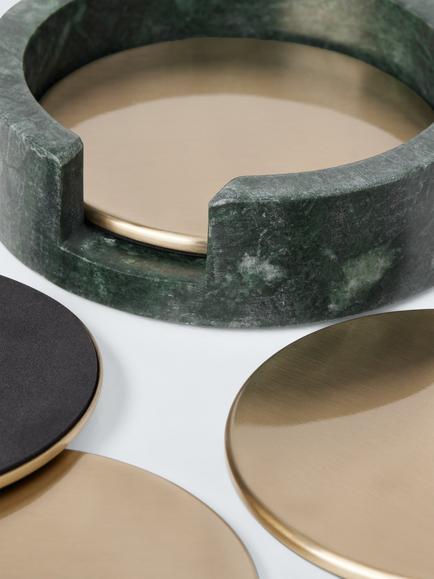 John Lewis Brass Coasters & Green Marble Holder, Set of 4 - view 2, Green/Brass