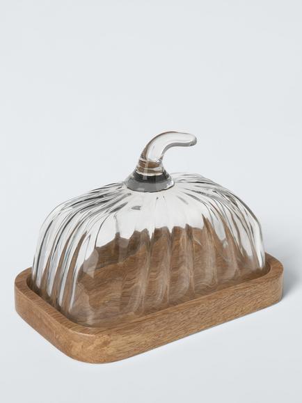 John Lewis Pumpkin Mango Wood & Glass Lid Butter Dish, Natural Natural