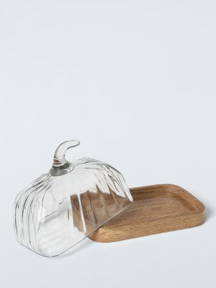 John Lewis Pumpkin Mango Wood & Glass Lid Butter Dish - view 2, Natural Natural