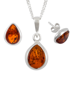 Be-Jewelled Tear Drop Baltic Amber Jewellery Set, Silver/Cognac, Silver/Cognac