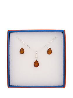 Be-Jewelled Tear Drop Baltic Amber Jewellery Set, Silver/Cognac - view 2, Silver/Cognac