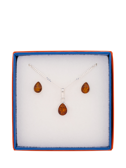 Be-Jewelled Tear Drop Baltic Amber Jewellery Set, Silver/Cognac - view 2, Silver/Cognac