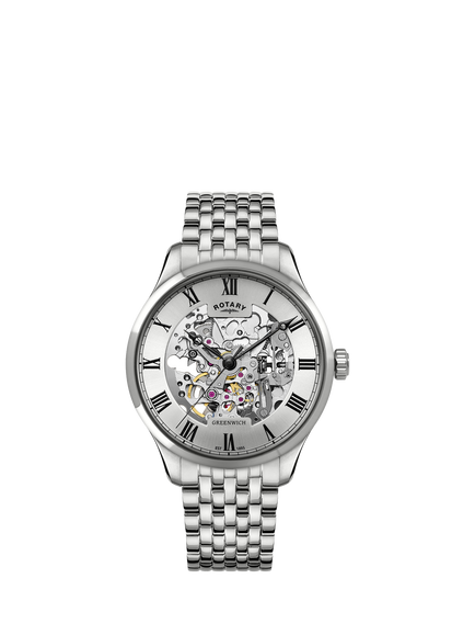 Rotary GB02940/06 Men's Skeleton round Bracelet Strap Watch, Silver, Silver