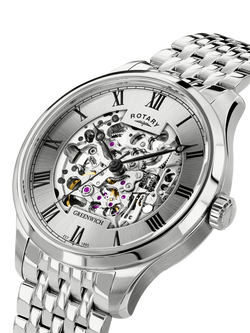 Rotary GB02940/06 Men's Skeleton round Bracelet Strap Watch, Silver - view 2, Silver