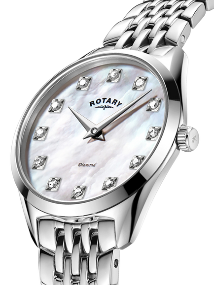 Rotary LB08010/07/D Women's Ultra Slim Mother of Pearl Bracelet Strap Watch, Silver - view 2, Silver