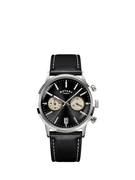 Rotary RGS10067/04 Men's 1895 Chronograph Round Leather Strap Watch, Silver, Silver