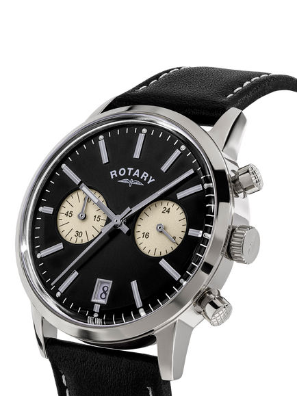 Rotary RGS10067/04 Men's 1895 Chronograph Round Leather Strap Watch, Silver - view 2, Silver