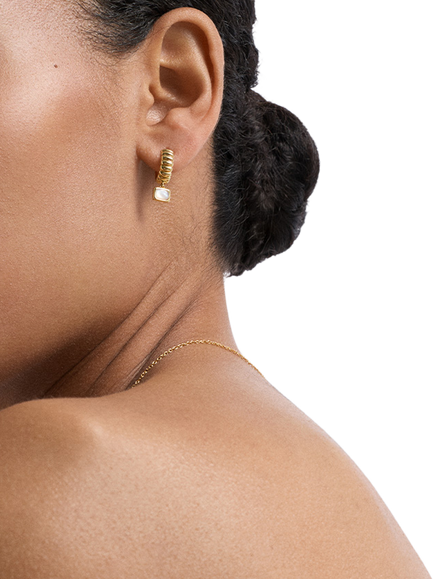 Astley Clarke Pearl Drop Huggie Hoop Earrings, Gold - view 2, Gold