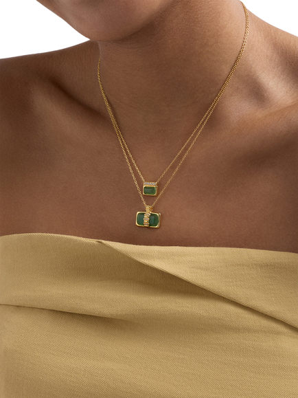 Astley Clarke Aurora Ridge Square Pendant Necklace - view 2, Gold/Green Chalcedony